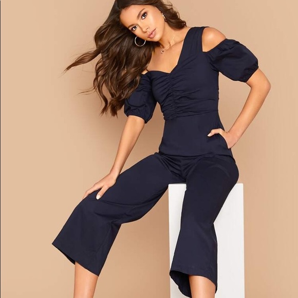 navy cold shoulder jumpsuit